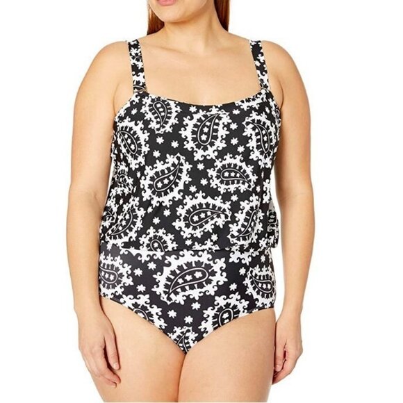 Anne Cole $112 Bandeau Blouson One Piece Swimsuit Size 24W Black/White - Picture 1 of 7